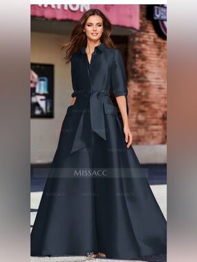 Navy Long Satin Shirt Dress with Tie Waist and pockets